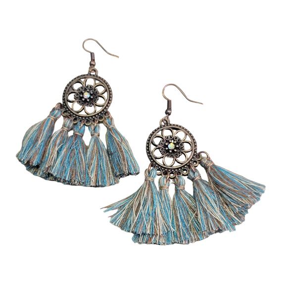 Bohemian Tassel Dangle Earrings Teal Bronze Vintage Party Jewelry - Picture 1 of 3